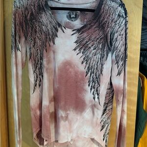 Affliction Women's Pink and Black Winged Long Sleeve Tee